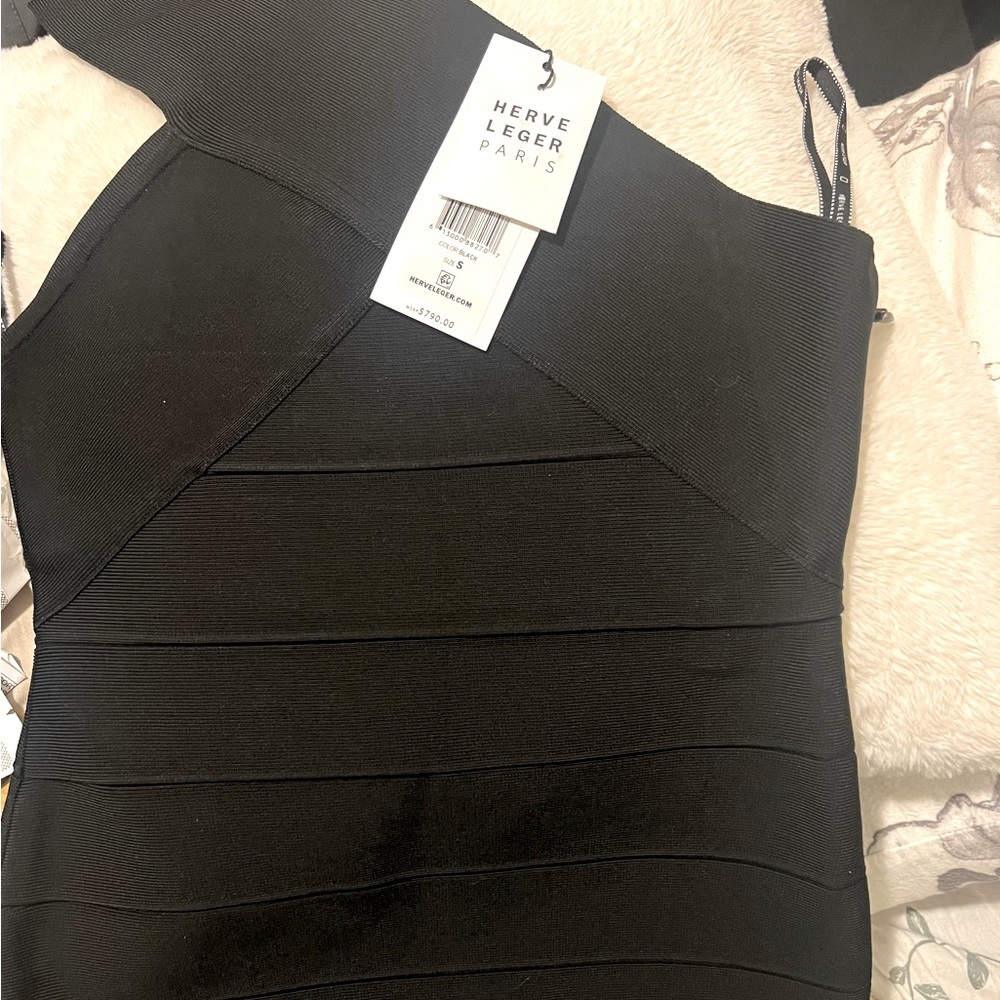 Black, short, HERVE LEGER body con dress. Brand new with original tag.